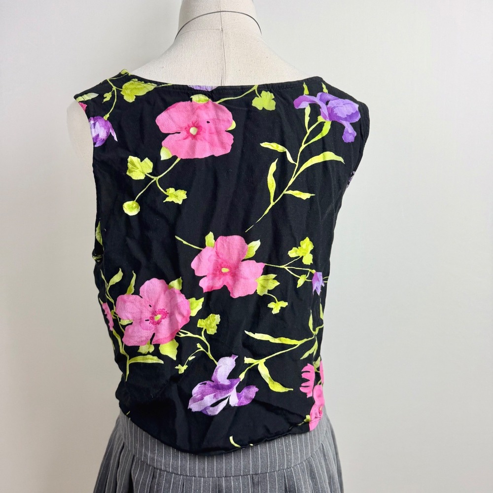 Key Lime Pie Womens M Black Floral Beaded Tank Top Y2K 90s Sleeveless Crop - Picture 7 of 9